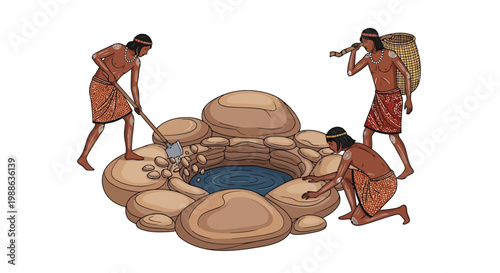 Ancient indigenous people working at a stone lined water well in a prehistoric settlement