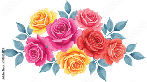 Beautiful seamless pattern featuring a romantic bouquet of red and pink rose flowers with green leaves for a wedding gift or Valentine's Day blossom