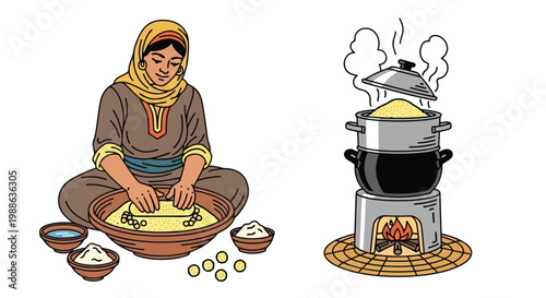 Woman in traditional clothing kneading dough with steaming pot on stove illustration