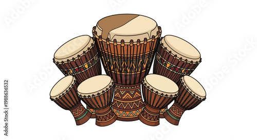 Group of traditional African djembe drums arranged together vector illustration for music