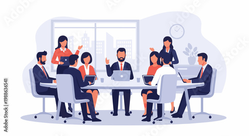 Diverse professionals in suits collaborate around a modern conference table, presenting ideas with technology