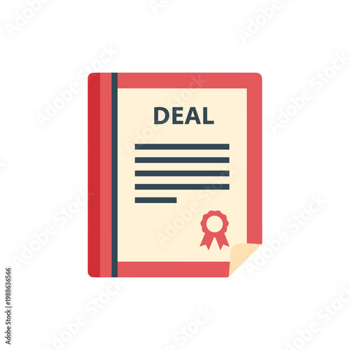 Red illustrated contract document with deal text and ribbon seal illustrating agreement and partnership concept