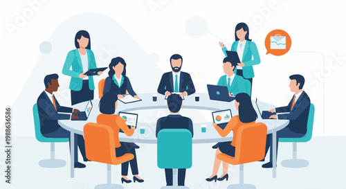 Business professionals collaborate around a circular table, laptops and tablets in use