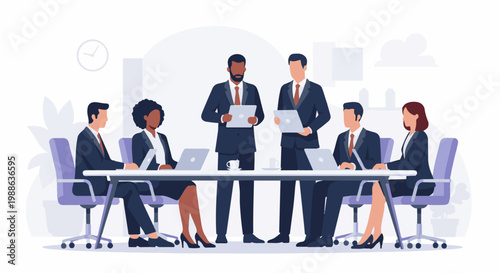 Diverse professionals in suits collaborate around a modern conference table with laptops and tablets