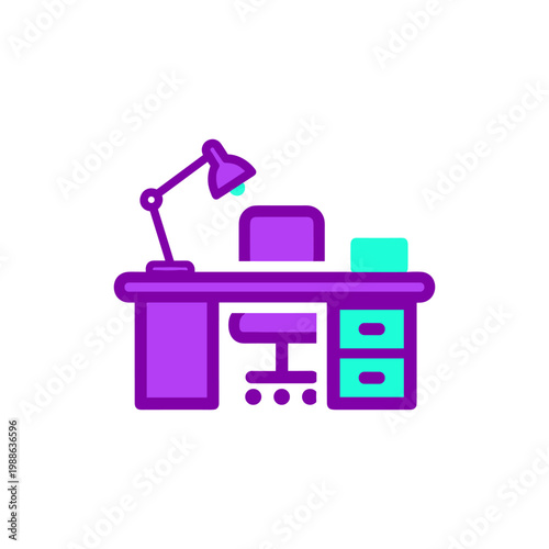 Purple and teal office desk illustration featuring a computer lamp drawers and chair in a minimalist workspace setting