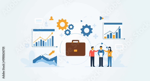 Business professionals analyze growth charts with gears and a briefcase, symbolizing teamwork and progress