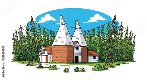 Traditional oast house surrounded by hop fields for brewing and agriculture vector