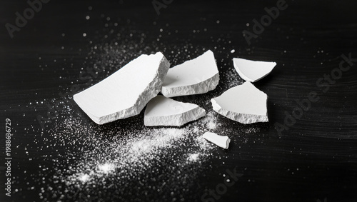 Broken White Chalk Fragments and Dust Scattered on Black Background