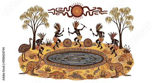 Indigenous Australian aboriginal dot painting style art with dancers and wildlife vector