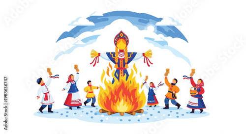 Traditional Maslenitsa celebration scene with people dancing around a bonfire vector