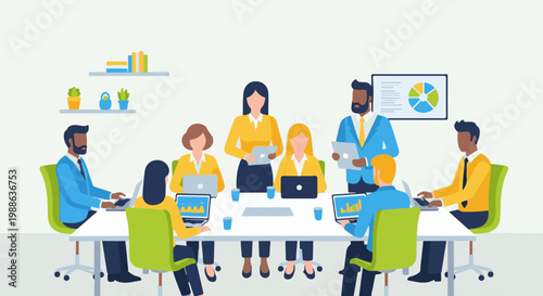 Diverse group of professionals in a meeting room collaborating around a table with laptops and charts