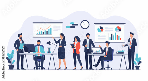 Business professionals collaborate in an office, analyzing charts and data on screens