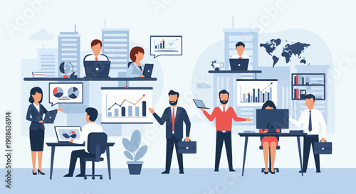 Diverse professionals collaborate in a modern office setting, analyzing data and charts