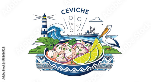 Fresh bowl of Peruvian ceviche served with lime slices and onion in coastal fishing village scene