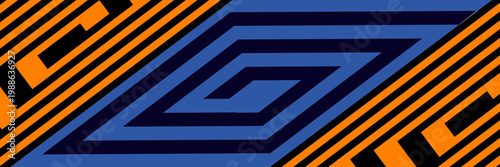 Lines on a spiral abstract background. Dynamic transition illusion. Red shapes on a black background and the same blue and yellow shapes on the black side. vector