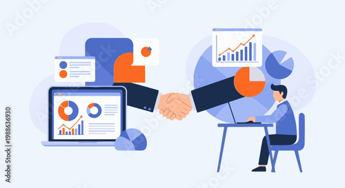 Two hands shake as a man works on a laptop with charts and graphs displayed