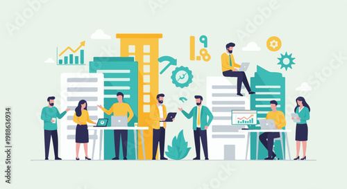 Diverse professionals collaborate and analyze data amidst abstract urban architecture and growth charts