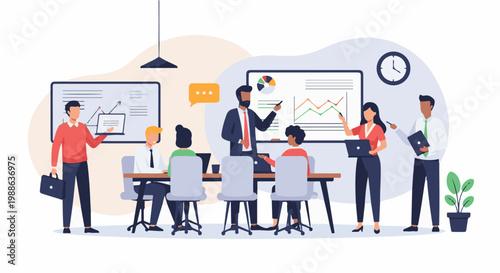 Diverse professionals collaborate in a bright meeting room, presenting data and ideas