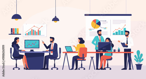 Professionals collaborate around desks with charts and computers, discussing business strategies in an office