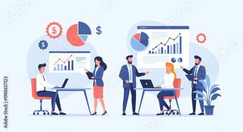 Colleagues collaborate on charts, graphs, and financial data presentations