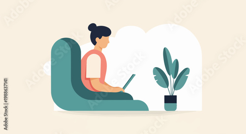 Person in casual wear sits comfortably on a teal chair, engrossed in work on a laptop, beside a potted plant