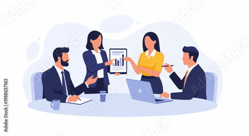 Team of professionals in meeting, analyzing chart on tablet, collaborating around table with laptop