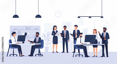 Office colleagues collaborate on tasks around desks with computers and a clock