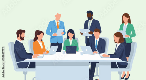 Diverse professionals gather around a table for a collaborative meeting
