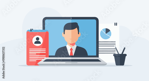 Businessman on laptop screen with charts and ID card