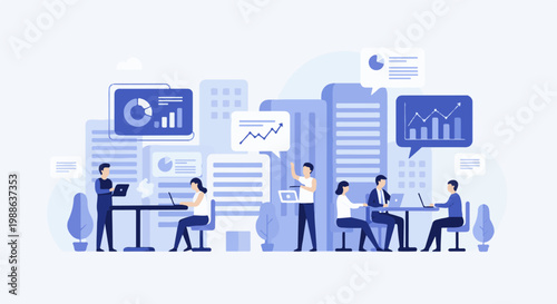 Modern office workers collaborate on data analysis and business growth