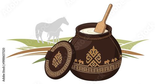 Traditional clay fermented milk jar with wooden ladle and horse silhouette illustration