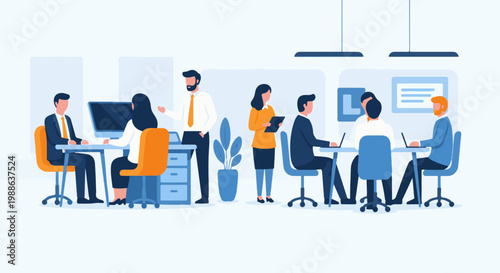 Diverse professionals collaborate in a modern office setting