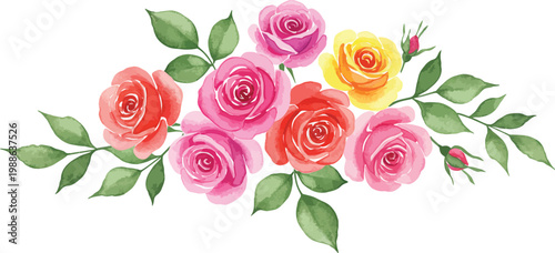 Beautiful seamless pattern featuring a romantic bouquet of red and pink rose flowers with green leaves for a wedding gift or Valentine's Day blossom