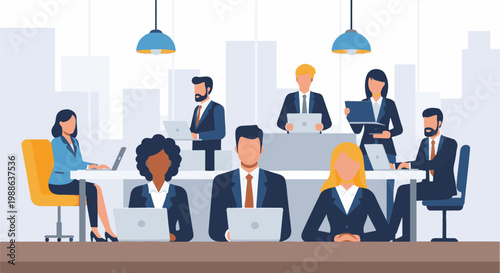 Diverse professionals in a modern office collaborate around desks with laptops