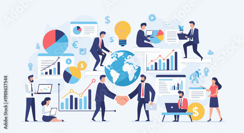 Diverse business professionals collaborate globally, analyzing data for success