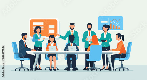 Diverse professionals in a meeting room, presenting data and discussing plans