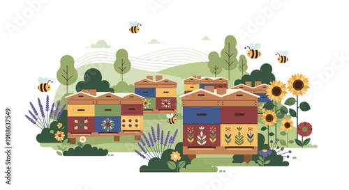 Apiary with colorful beehives in a flowering garden with sunflowers and lavender illustration