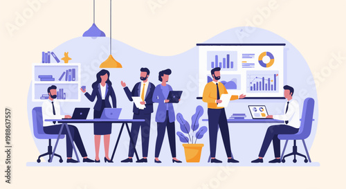 Business professionals collaborate in a modern office meeting, presenting data and ideas to colleagues