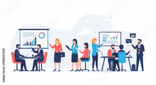 Professionals collaborate on business data, presenting growth charts in modern office setting