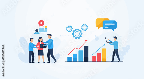 Business team collaborates, discusses data, and analyzes growth with charts and technology