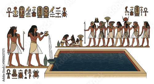 Ancient Egyptian ritual scene with figures by reflecting pool and hieroglyphic decorative border
