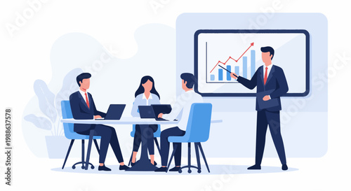 Business meeting where a presenter shows growth chart to colleagues using laptop