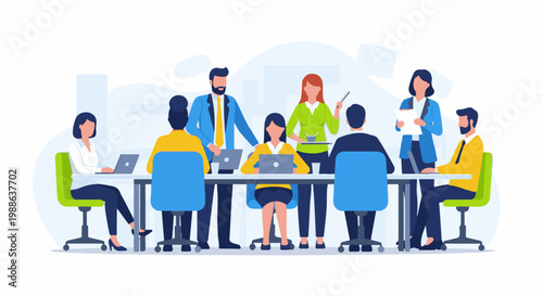 Diverse professionals collaborate around a table, engaged in a meeting, with laptops and documents