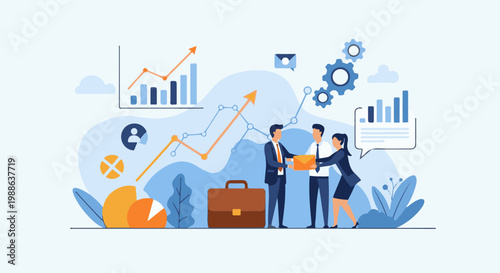 Business team collaborates on a project, analyzing charts and graphs with gears in background