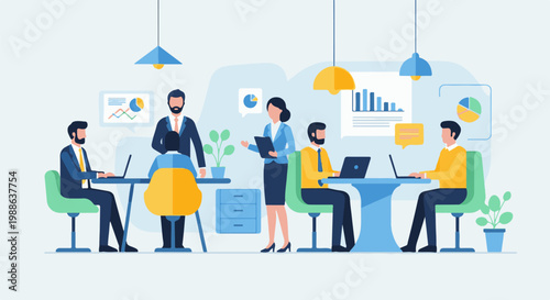 Diverse professionals collaborate in modern office, analyzing data with laptops and charts