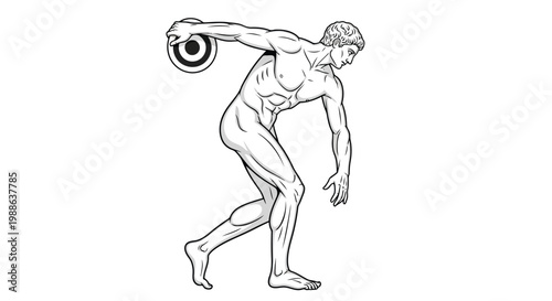 Classical greek discus thrower statue outline drawing for art education or sports design concept