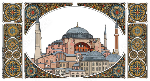 Iconic Hagia Sophia architecture framed by intricate floral art nouveau decorative border