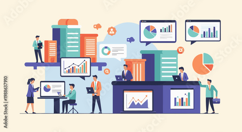 Diverse professionals collaborate around digital data displays and stylized office buildings, illustrating business analytics
