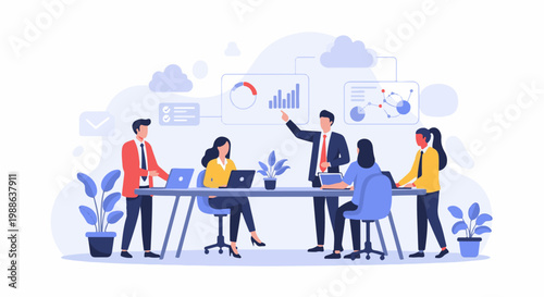 Diverse professionals collaborate in a modern office setting, presenting data visualizations