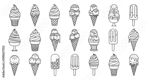 Ice cream doodle drawn set with various sweet treats and frozen desserts featuring dessert icons, food illustrations, cartoon style with vector